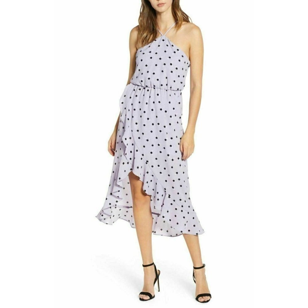 Lush Womens Polka Dot Crepe Asymmetrical Ruffle Trim Halter Wrap Dress Size S - Picture 1 of 12